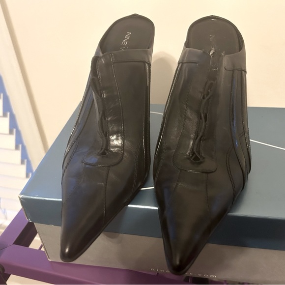 Nine West Shoes - Black Pointed-Toe Leather Mule Heels